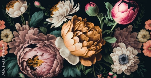 Embrace the Elegance of Baroque Style with Vintage Floral Bouquet on Black Background - Perfect for Wallpaper or Greeting Cards, Generative AI.
