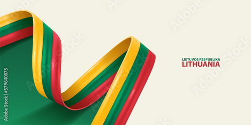 Lithuania ribbon flag. Bent waving ribbon in colors of the Lithuania national flag. National flag background. 