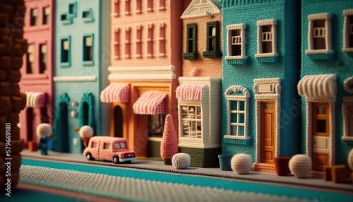 Generative AI, cute street made of crochet, houses, trees, road, cars. Soft colors, dreamy scene cityscape made of crochet materials, wool, fabric, yarn, sewing for background