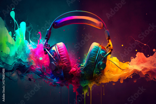 Headphones with colorful splashes on black background. Generative AI.