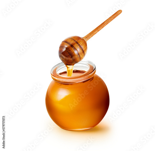 Mel de abelha em pote de vidro - copo de vidro com mel e colher de mel de madeira em fundo transparente 