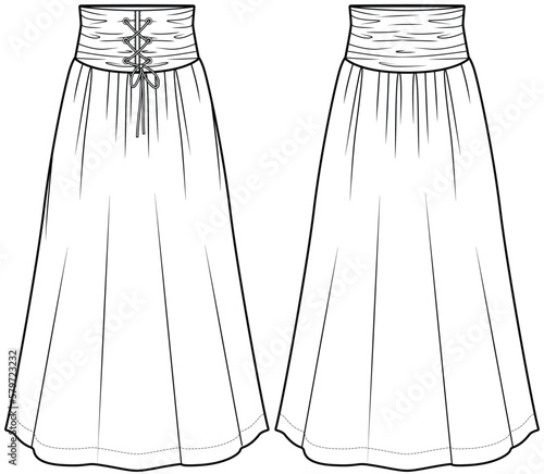 womens high waist lace up flared maxi skirt flat sketch vector illustration technical cad drawing template