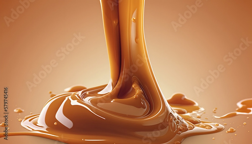 Liquid sweet melted caramel, delicious caramel sauce or maple syrup swirl 3D splash. Yummy sweet caramel sauce or hot syrup twisted. Key visual advertising design elements isolated on white background