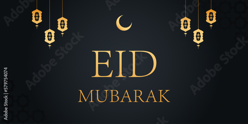 Eid al-Adha Mubarak islamic greeting card design with hanging lantern on black background. Background vector illustration EPS 10
