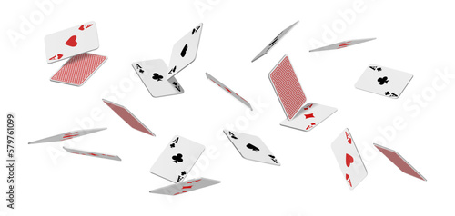  3d realistic vector icon. Flying playing cards of aces of diamonds clubs spades and hearts on white background, falling on the table.