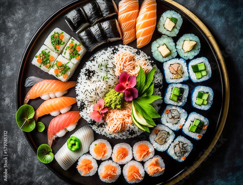 beautifully arranged sushi platter, with each roll topped with a different type of raw material