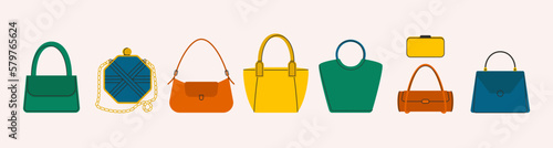 Woman bags. Fashion handbag tote cross body clutch purse, cartoon leather stylish female accessories. Vector flat set