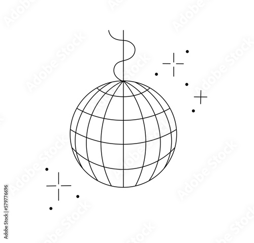 Vector isolated one single round mirror disco ball colorless black and white contour line easy drawing