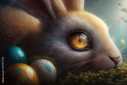 Focus on easter bunny's flame-colored eye looking at eggs, generative AI