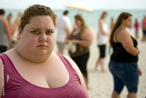 bad vacation, dissatisfied overweight young teenage girl in a bad mood on the beach, fictional person and location and happening. Generative AI