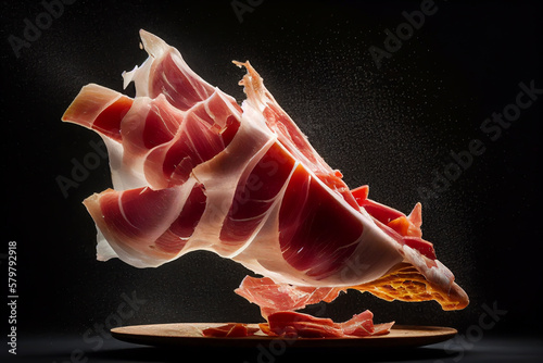 Spanish jamon or Jamon Iberico. Jamon serrano Spanish ham. Spanish eat and spanish pork meat. Ai Generative Illustration.