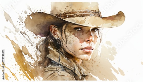 Cowboy girl portrait, woman with a cowboy hat. Watercolor illustration. Generative AI
