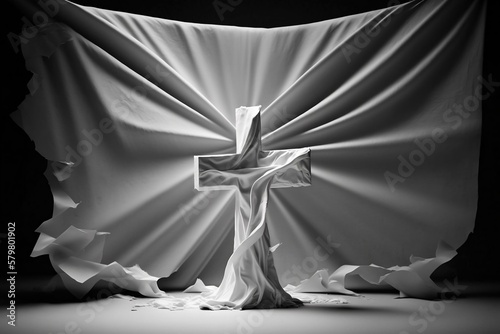 croix catholique entourée d'un drap blanc - noir et blanc - generative ai