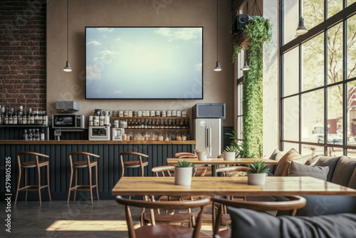A large blank TV screen mounted on a wall in a coffee shop., cafe. Bright modern interior. A large plasma TV in a restaurant.