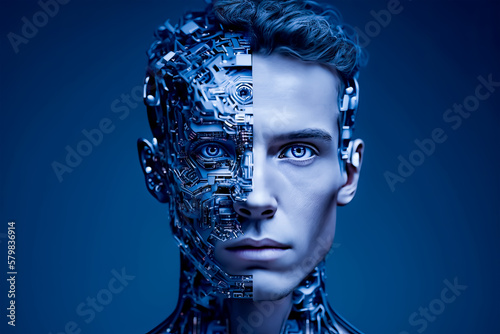  Artificial intelligence in the humanoid head. Artificial Intelligence, Robotics, Technology, Innovation, Science, Futuristic, Cyborg, Machine, Robotic, Future, Generative Ai, Digital, Concept.