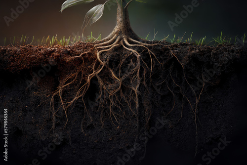 roots of a plant growing in rich soil below the surface, subsurface root structure, crosssection, generative AI