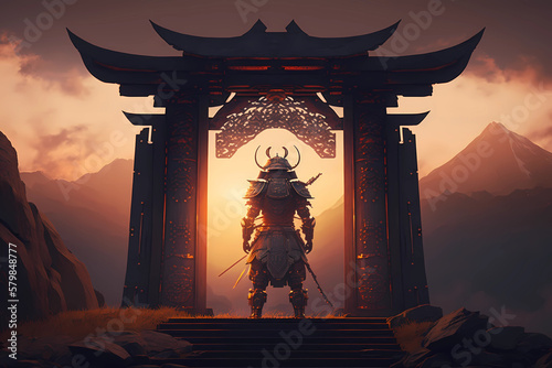 a futuristic samurai at a temporal gate at sunset, Generative AI