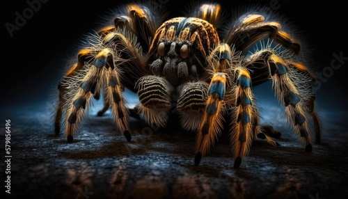 A creepy and crawly tarantula sitting on a web, isolated on a black background. The warm lighting and intricate details of the spider's body create a sense of unease and fear, generative ai