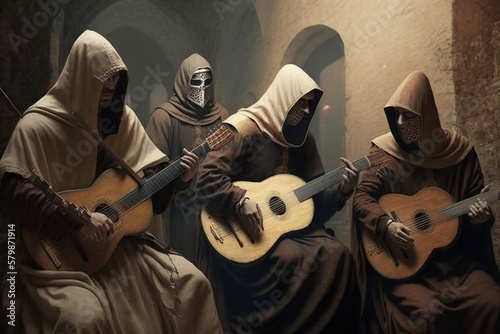 Medieval monks rock band, concept of Anachronism and Ecclesiastical Music, created with Generative AI technology