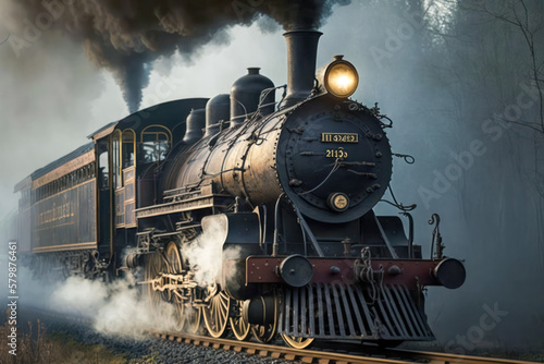 Old steam locomotive runs on the rails with a smoking chimney as a digital illustration (Generative AI)