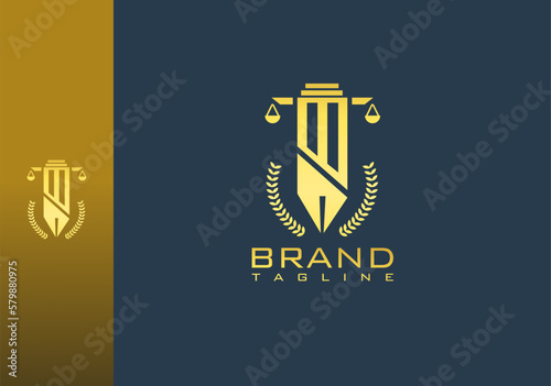 greek column pen combination m letter justice law office gold color logo concept