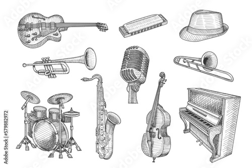 Vector illustration of musical instruments often played in jazz, in black and white retro engraving style. The intricate line work and shading create a vintage look, perfect for jazz enthusiasts.