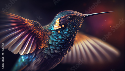 majestic hummingbird flying with rainbow feathers colors ,generative AI