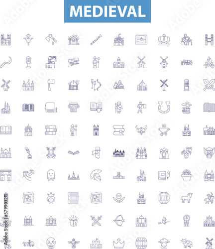Medieval line icons, signs set. Medieval, Knights, Castles, Armor, Monarchs, Feudalism, Crusades, Churches, Cathedrals outline vector illustrations.