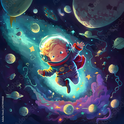 Child astronaut among galaxies