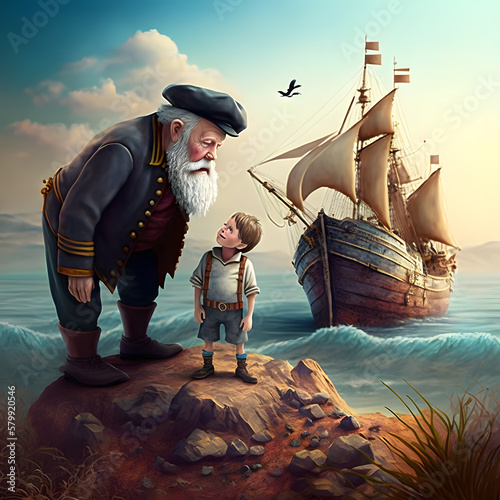 Sailor and boy in front of a boat in the water