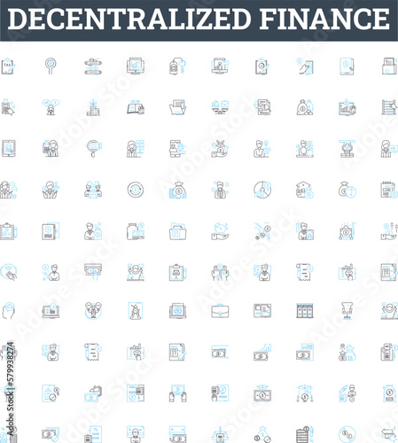 Decentralized finance vector line icons set. DeFi, Blockchain, Crypto, Smart Contracts, Distributed Ledger, Digital Currencies, Cryptocurrency illustration outline concept symbols and signs
