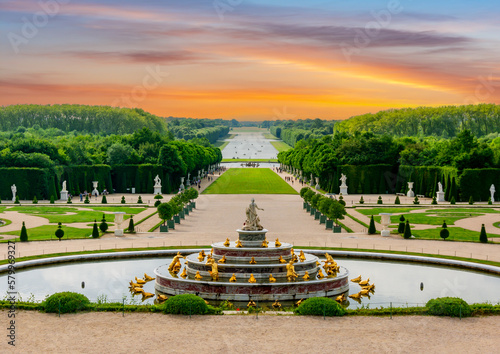 Latona fountain and Versailles park landscape at sunset, Paris suburbs, France