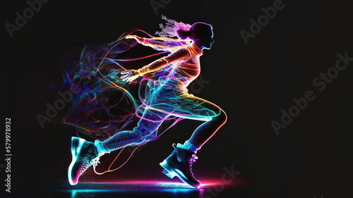 Figure ice skating female silhouette neon glowing, impetuous neon girl shape ice skating, beautiful sport image on solid black background. Translucent running woman neon lighting, generative AI
