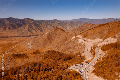 Aerial view Autumn landscape travel of Altai mountains Russia meander road
