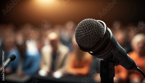 Detailed and isolated microphone with background a people waiting for a conference