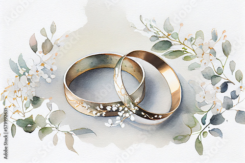 Wedding rings and flowers. Watercolor. generative ai