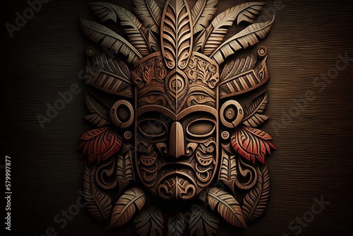 Mask of Mayan Indian ethnicity carved from wood, set against a black backdrop Generative AI
