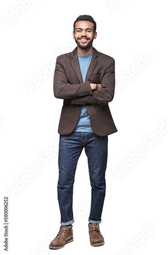 Cheerful businessman standing confident isolated in transparent PNG, Full length studio portrait of smiling young man with folded arms