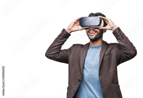 Young man using virtual reality headset isolated in transparent PNG, VR, future, gadgets, technology concept