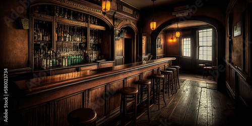 old pub bar scene. Wide format. Hand edited generative AI.