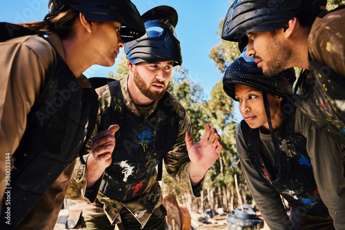 Planning, paintball team or hands in huddle for strategy, hope or soldier training on war battlefield. Mission, game or serious army people speaking for support, collaboration or military group