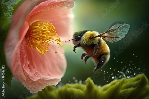The bee collects pollen from a beautiful flower. Generative AI