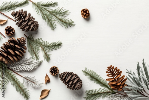白木の背景にトウヒの小枝と円錐、クリスマスのフラットレイAI