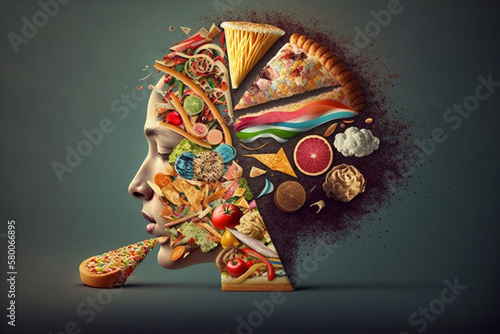 Illustration of the all-consuming nature of food addiction and its hold on individuals. AI generated.