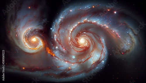 A breathtaking view of a galaxy collision, with swirling gas and dust visible as the two galaxies merge. Generative AI