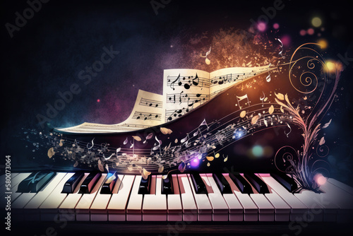 piano and music notes on the background. Illustration AI Generative