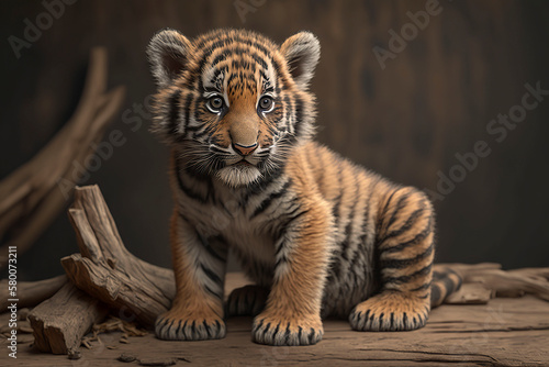 Cute little tiger cub. Generative Ai.