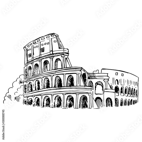 Roman Coliseum. Drawing with black lines, marker, line art. Vector illustration
