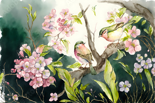 Spring. Two tits sitting on flowering tree. Watercolor. Generative AI, illustration