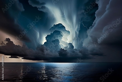 This striking photograph captures the intensity of a storm brewing on the horizon. The deep navy blue of the sky contrasts with the bright white lightning that illuminates the clouds